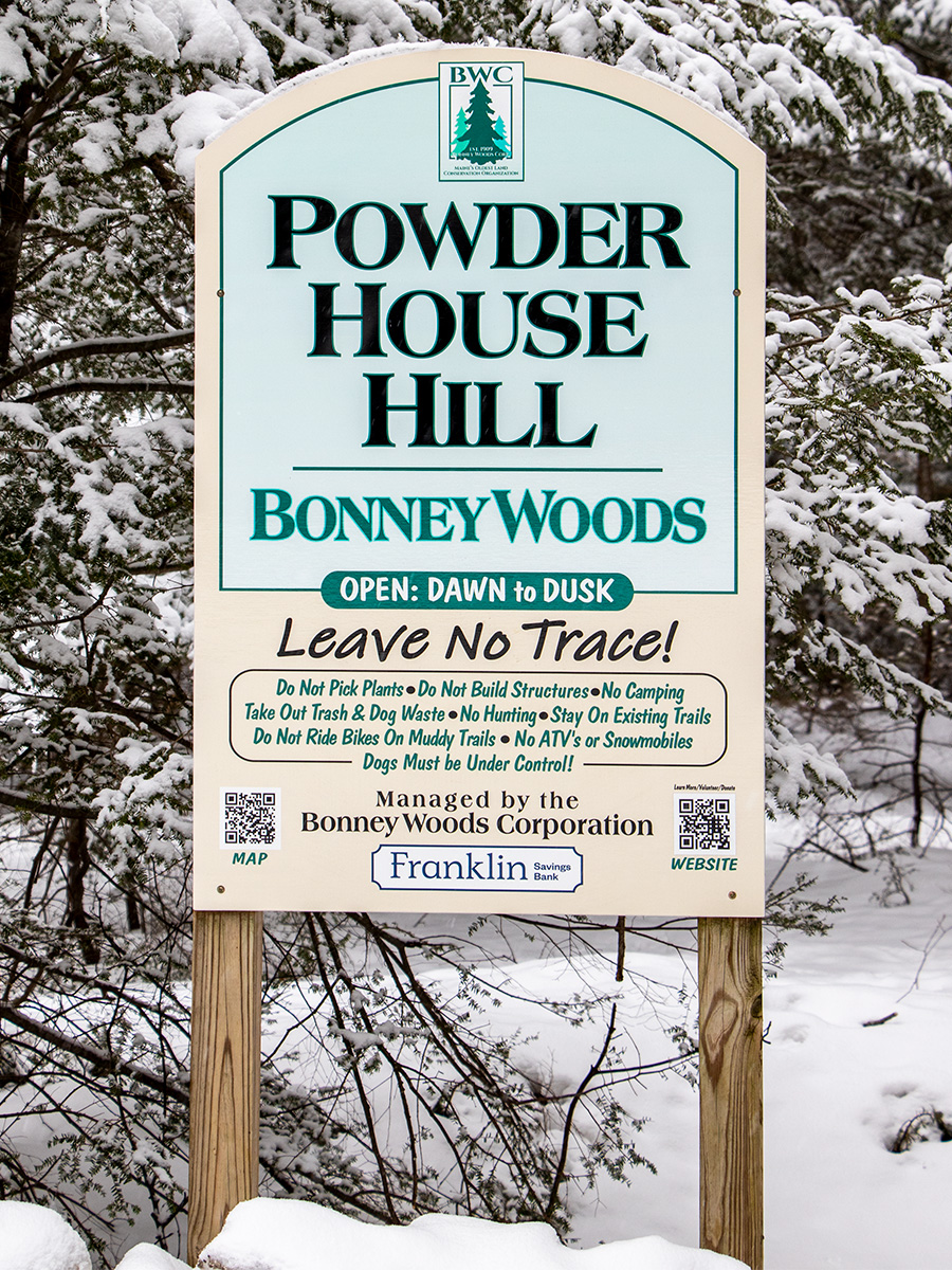 Bonney Woods Sign - Powder House Hill Trails of Farmington, Maine